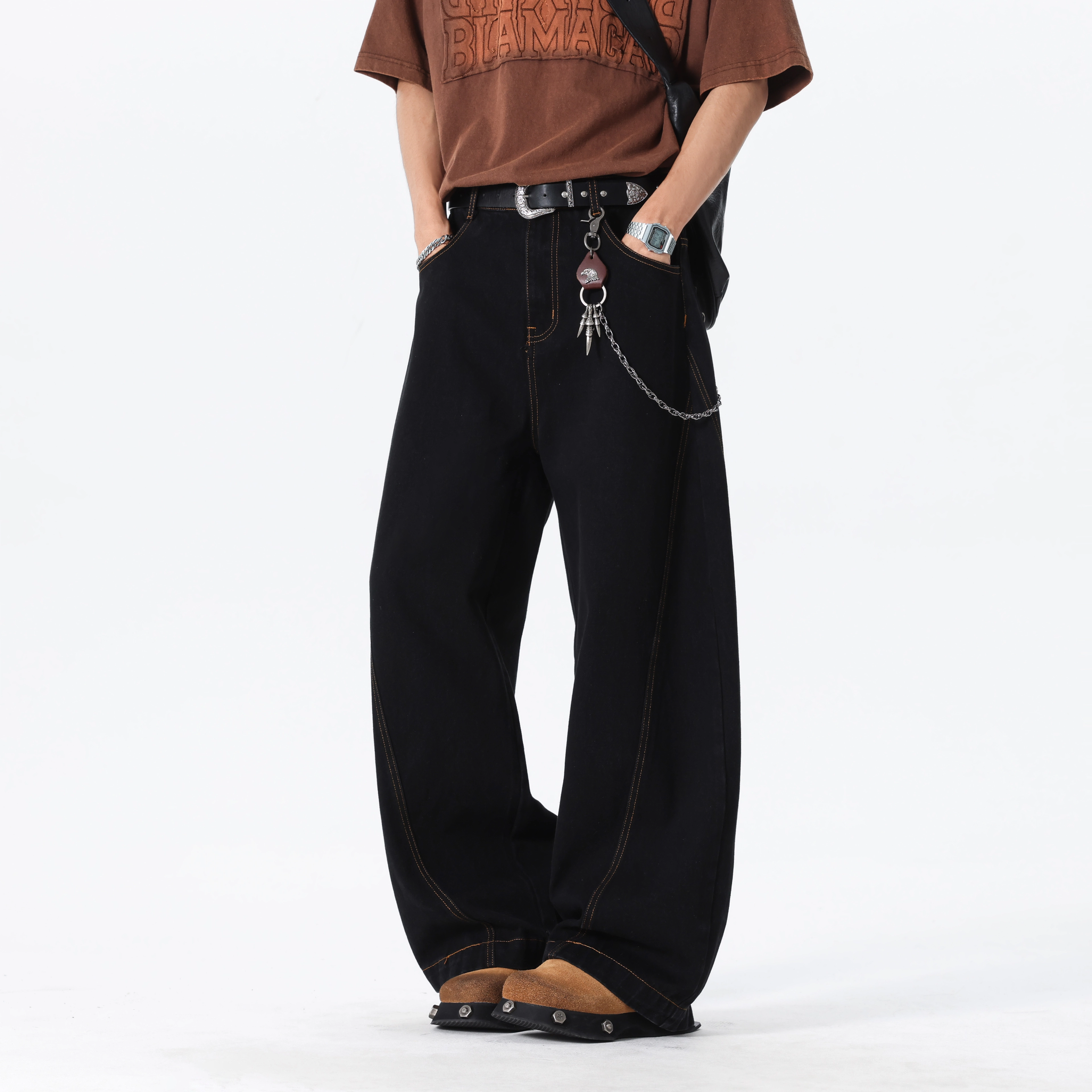 曼城 美式复古潮牌时尚宽松休闲阔腿裤日常百搭户外出勤嘻哈街头垂感牛仔裤 男女同款