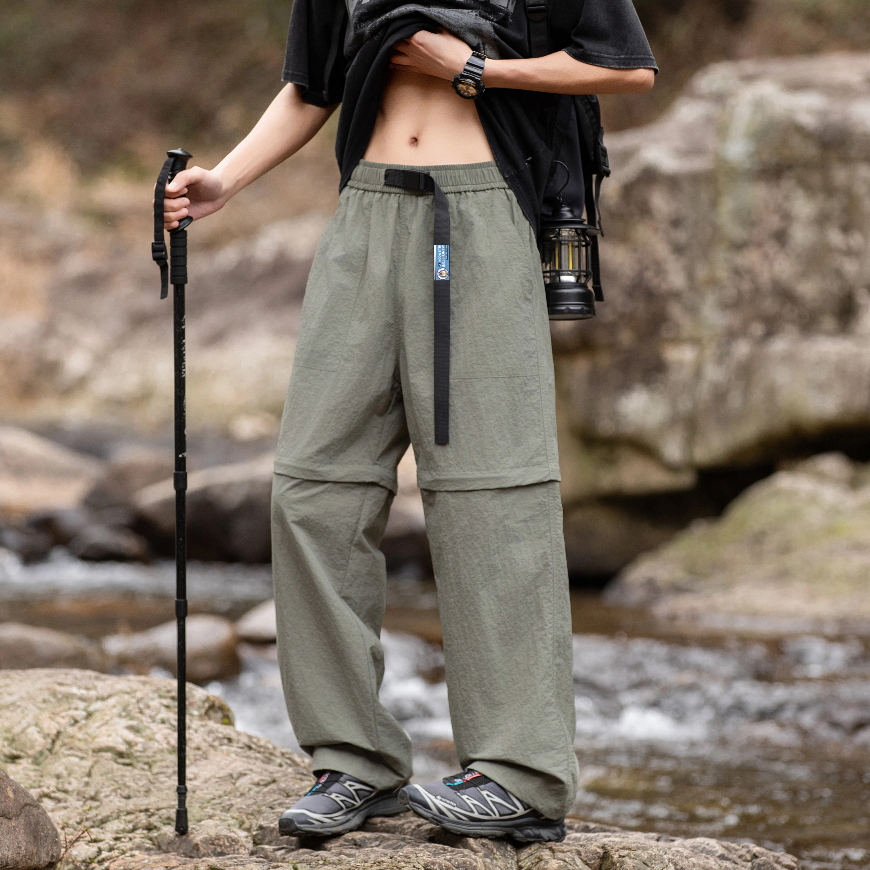 曼城 美式高街轻薄速干抽绳褶皱防水可拆卸二合一五分长裤机能伞兵山系户外防风直筒宽松阔腿防晒冰丝休闲工装裤 男女同款