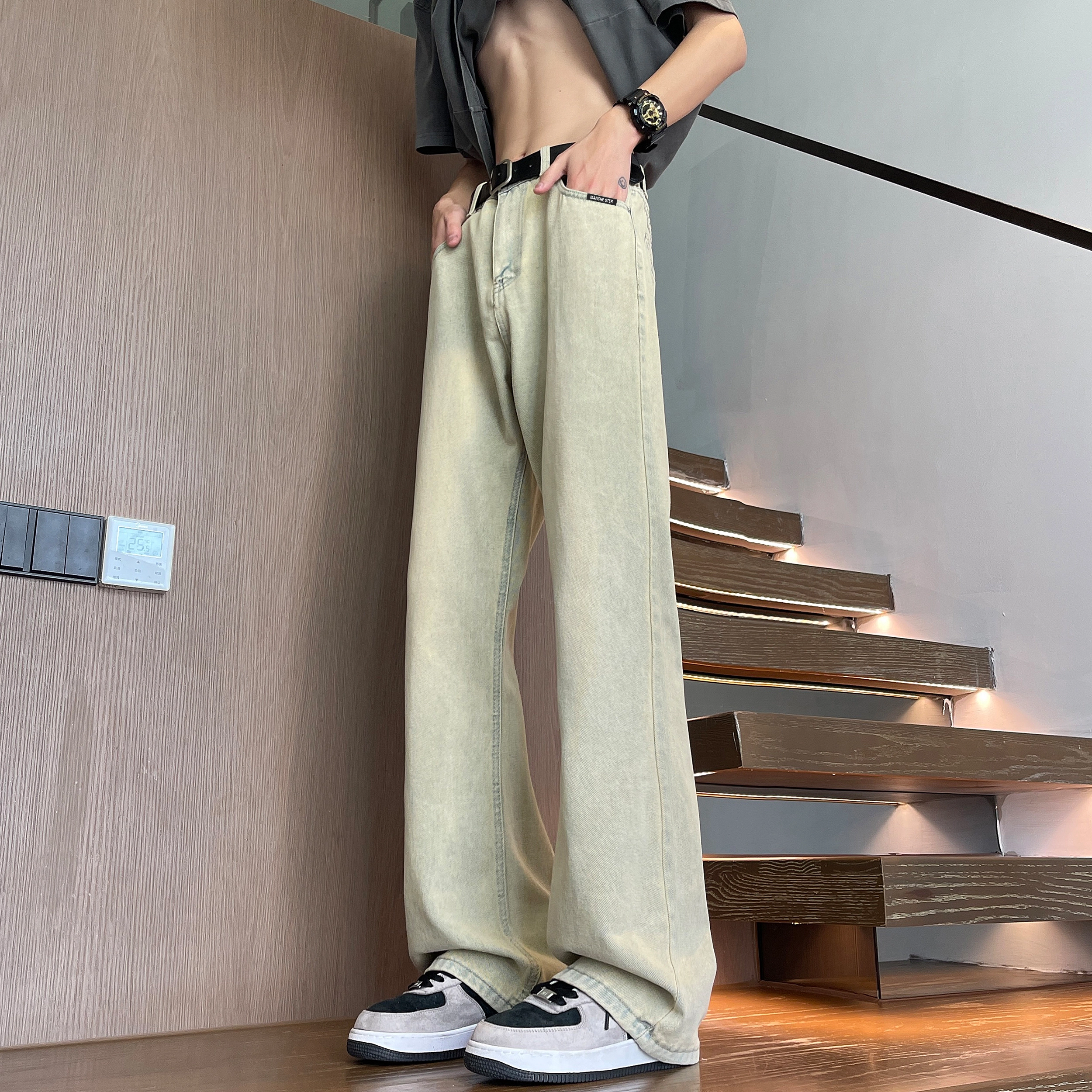 曼城 美式高街复古水洗做旧简约基础款宽松休闲舒适凉感透气时尚潮流日常通勤百搭牛仔裤 男女同款