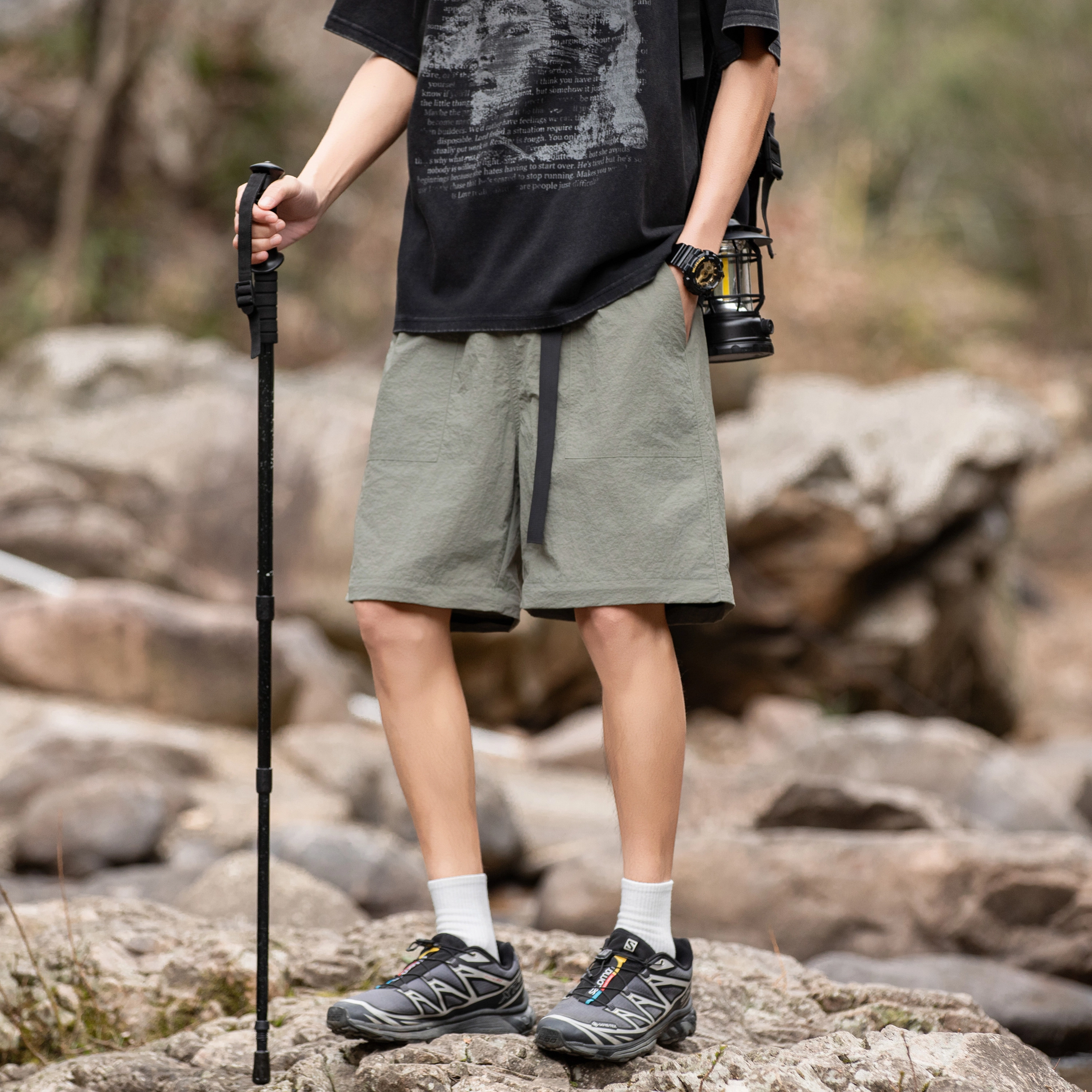 曼城 美式高街轻薄速干抽绳褶皱防水可拆卸二合一五分长裤机能伞兵山系户外防风直筒宽松阔腿防晒冰丝休闲工装裤 男女同款