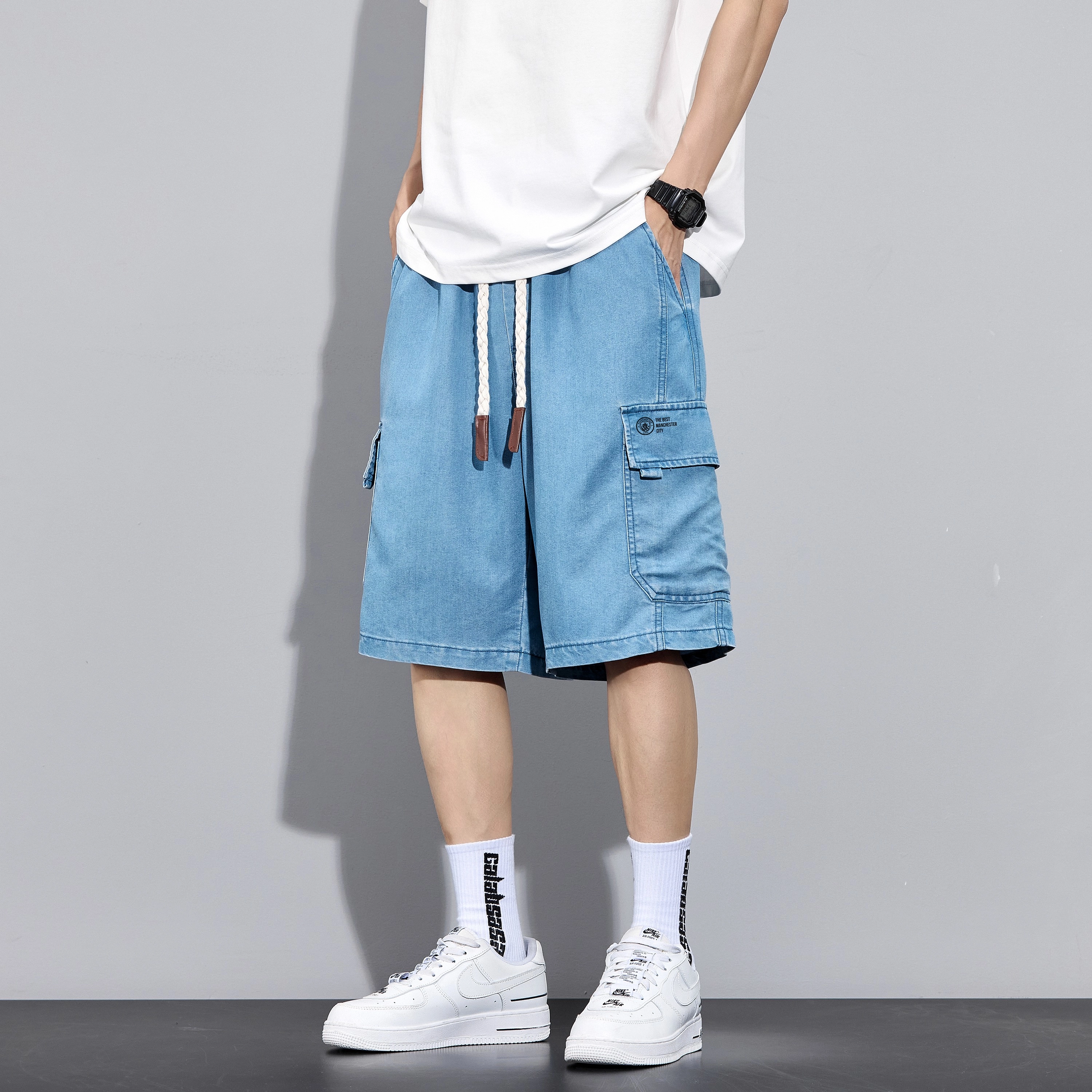 曼城 美式高街复古水洗做旧黄泥染夏天莱赛尔凉感薄款透气多口袋工装宽松直筒五分休闲牛仔短裤 男女同款
