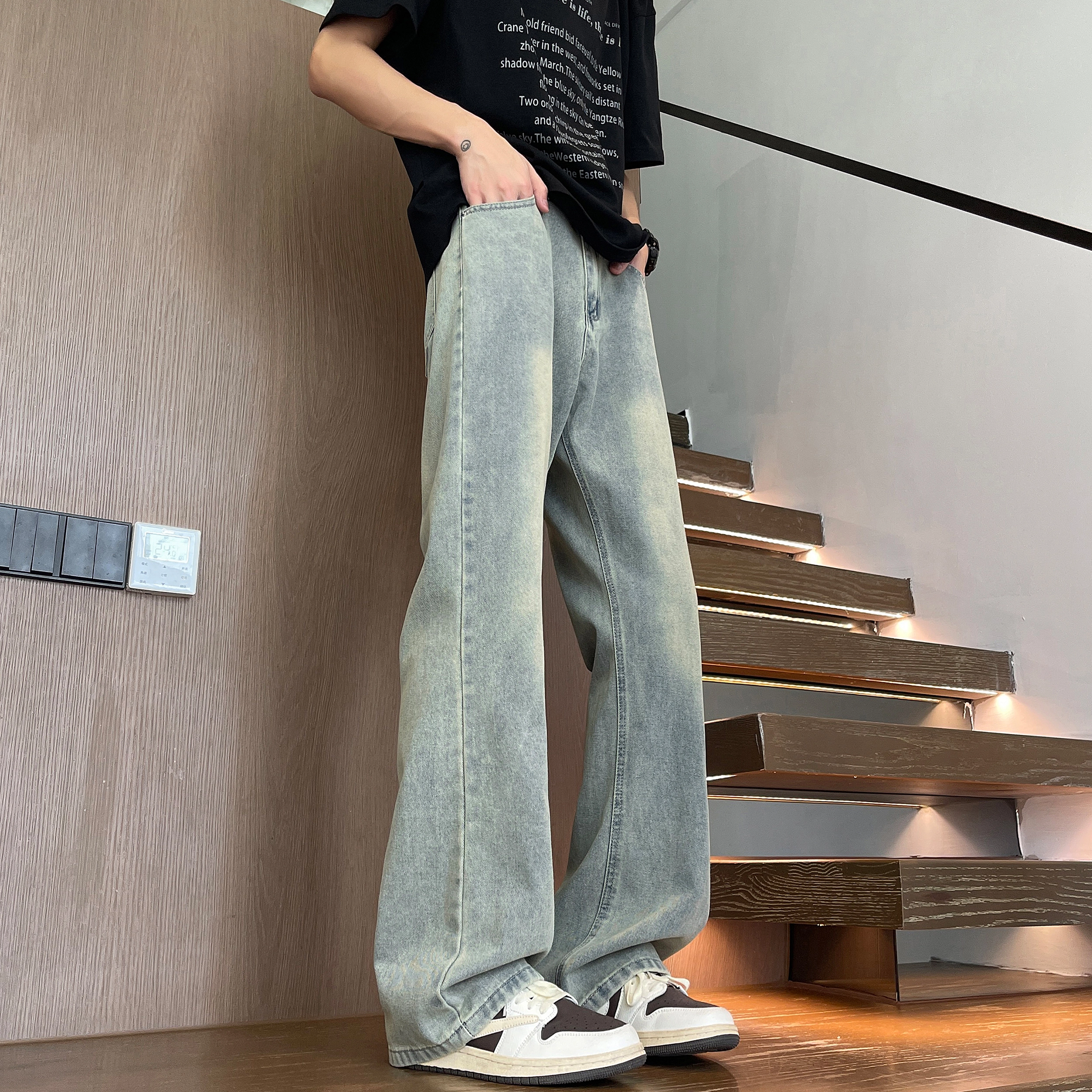 曼城 美式高街复古水洗做旧简约基础款宽松休闲舒适凉感透气时尚潮流日常通勤百搭牛仔裤 男女同款