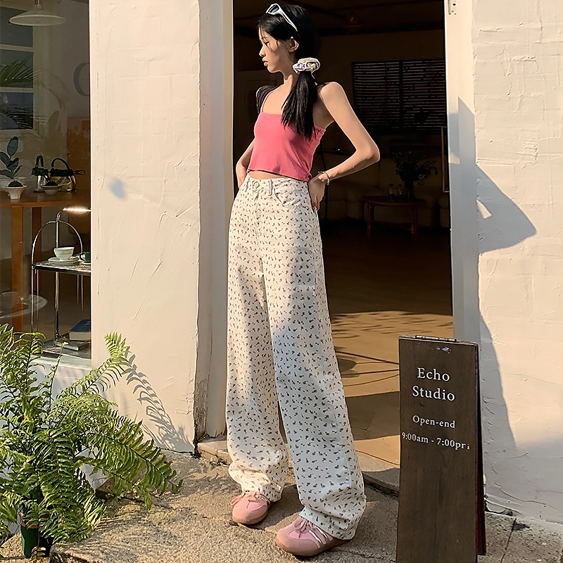 玉儿恋 韩版印花复古碎花小众设计感宽松百搭阔腿垂感直筒高腰拉链韩系窄版显瘦减龄牛仔裤 女款 白色