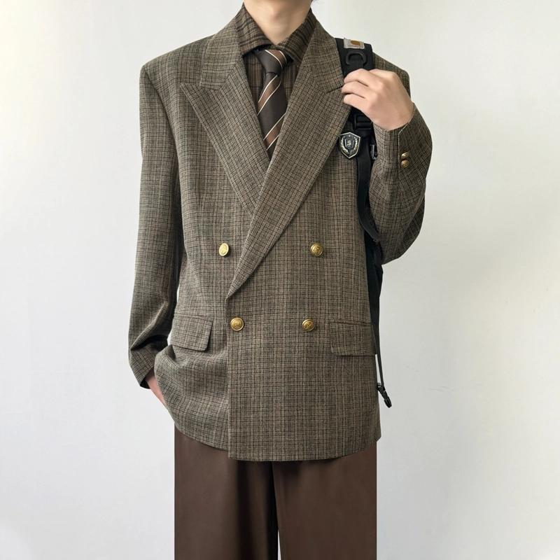 木村叔 原创复古双排扣格子戗驳领西装 男款 黑棕色