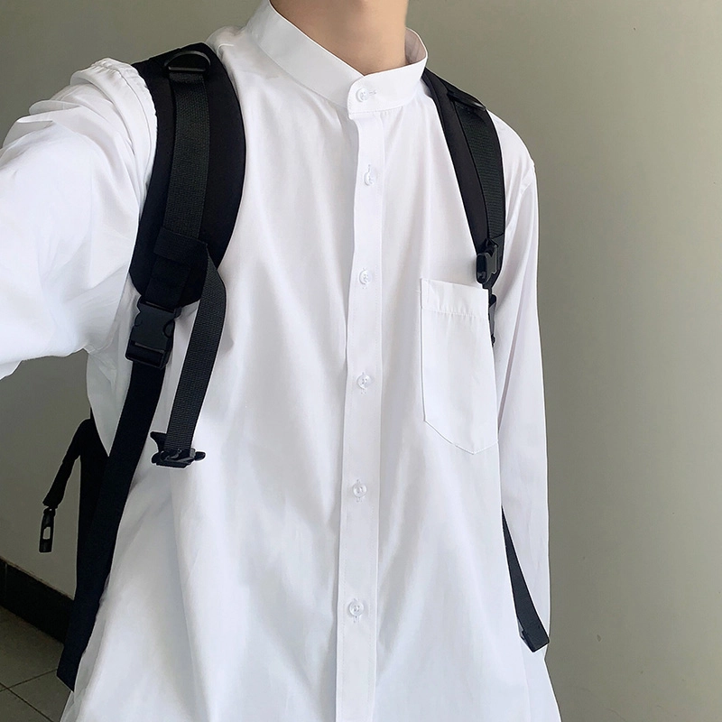 木村叔 立领日系制服内搭纯色长袖衬衫 男款