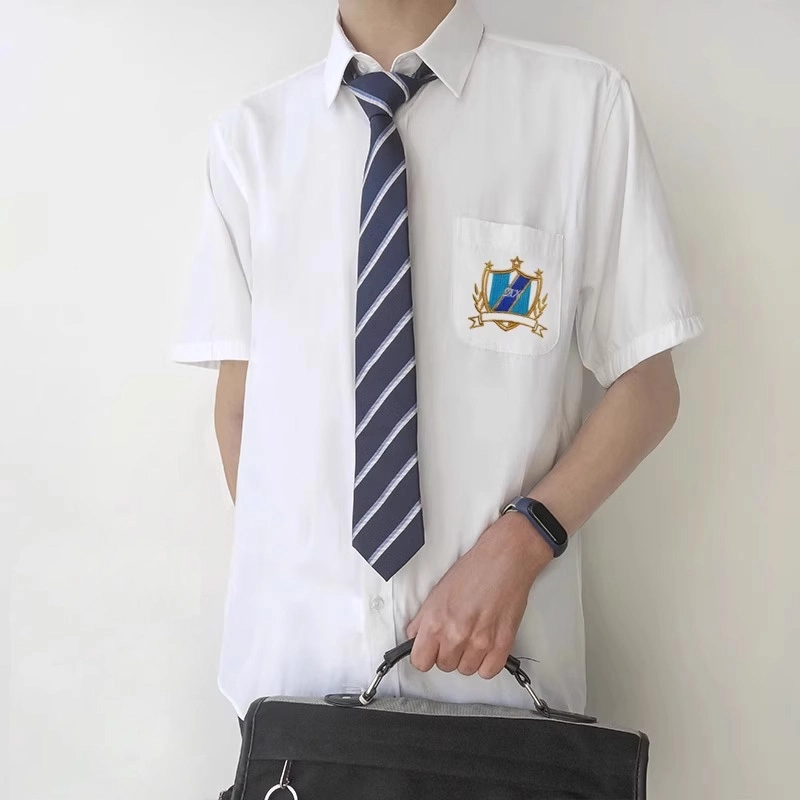 木村叔 原创刺绣衬衣青少年学生校服班服内搭打底衬衣短袖衬衫 男款 星雪崎川白