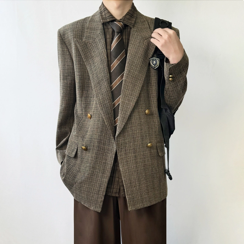 木村叔 原创复古双排扣格子戗驳领西装 男款 黑棕色