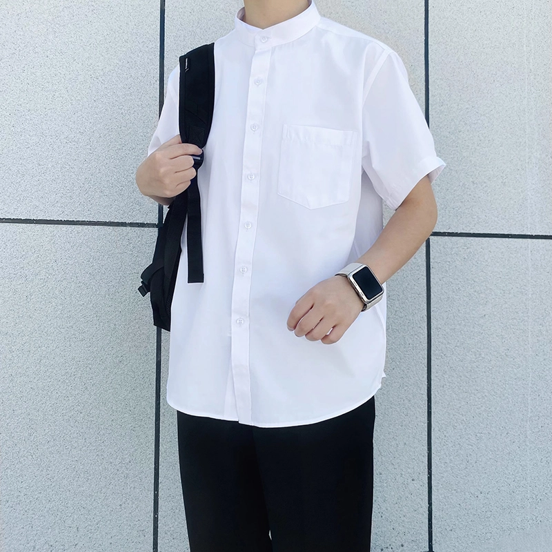 木村叔 立领日系制服内搭纯色休闲短袖衬衫 男款