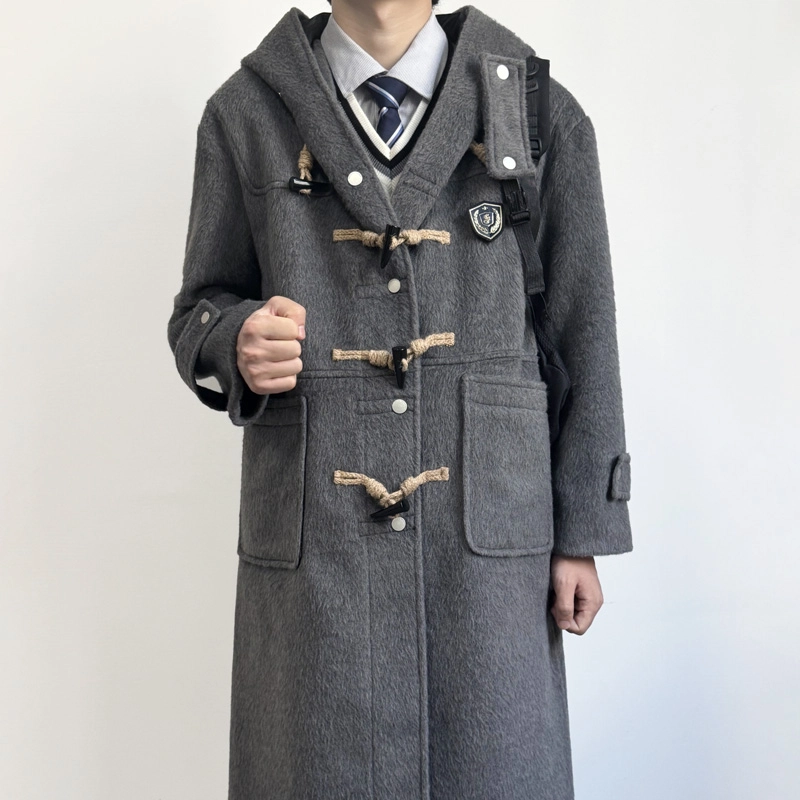 木村叔 连帽牛角扣学院风毛呢长款大衣 男款 灰色