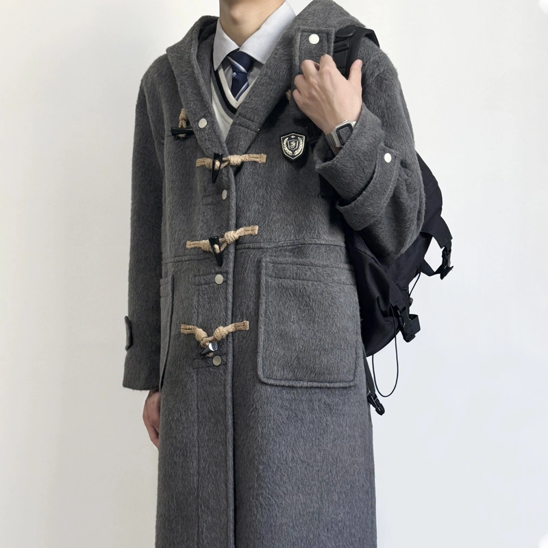 木村叔 连帽牛角扣学院风毛呢长款大衣 男款 灰色