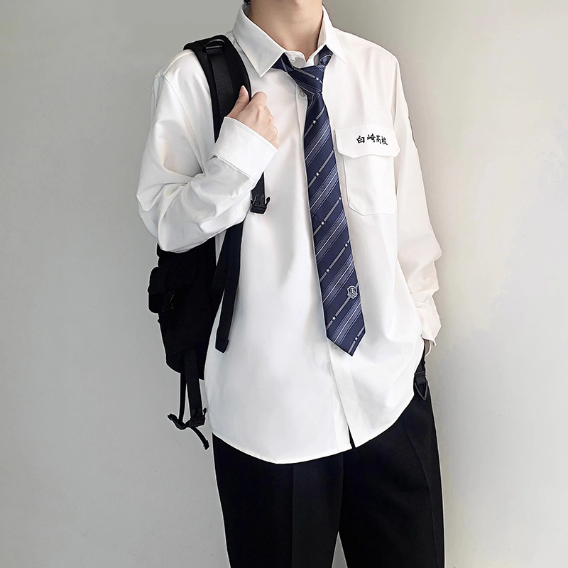 木村叔 制服原创刺绣学生打底长袖衬衫 男款 白崎