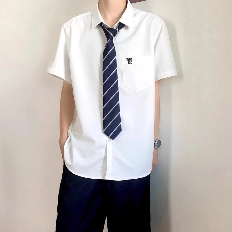 木村叔 刺绣日系正统学院风学生短袖衬衫 男款 白色