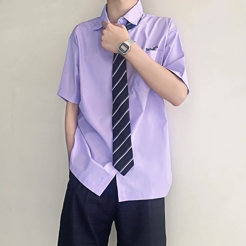 木村叔 原创宽松纯色翻领短袖衬衫 男款 淡紫色