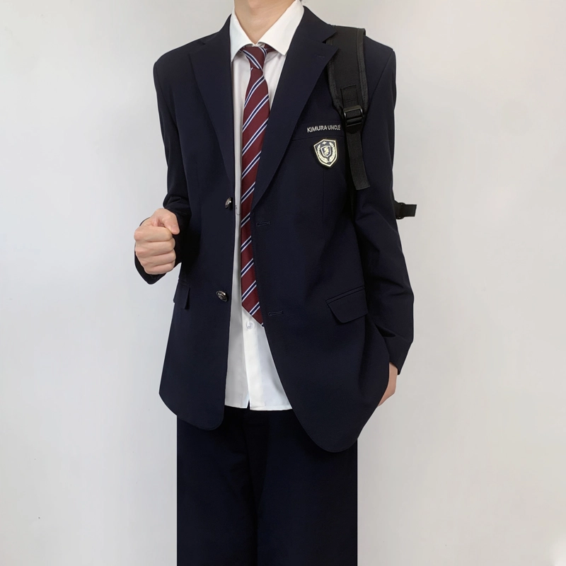 木村叔 刺绣黑色初夏季纯色平驳领宽松型西装 男款