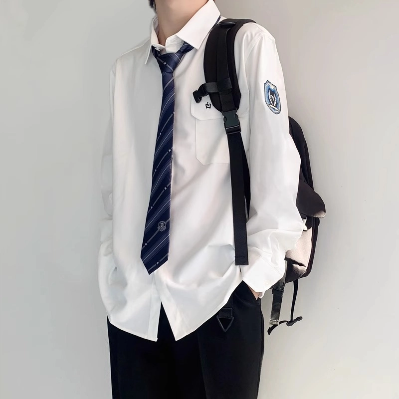 木村叔 制服原创刺绣学生打底长袖衬衫 男款 白崎
