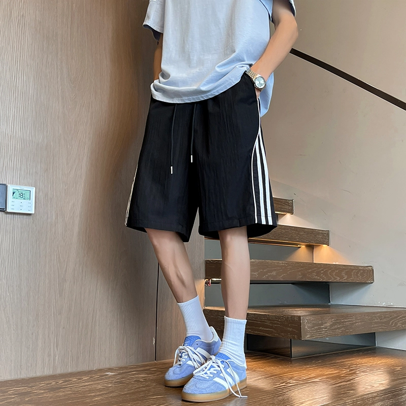 快鱼 薄款冰感美式基础款条纹纯色潮牌宽松冰丝透气速干舒适宽松亲肤户外运动训练跑步裤中腰系带五分休闲短裤 男女同款