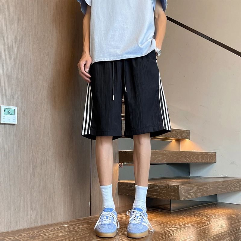 快鱼 薄款冰感美式基础款条纹纯色潮牌宽松冰丝透气速干舒适宽松亲肤户外运动训练跑步裤中腰系带五分休闲短裤 男女同款