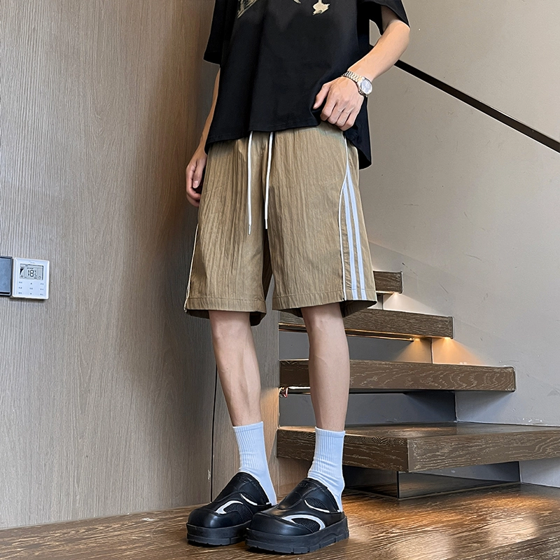 快鱼 薄款冰感美式基础款条纹纯色潮牌宽松冰丝透气速干舒适宽松亲肤户外运动训练跑步裤中腰系带五分休闲短裤 男女同款