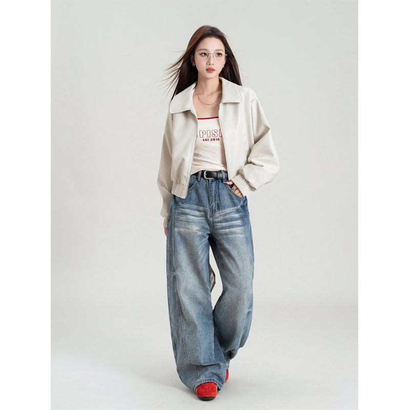 梨九九 外套女爆款设计感机车短款棒球服夹克皮衣 女款