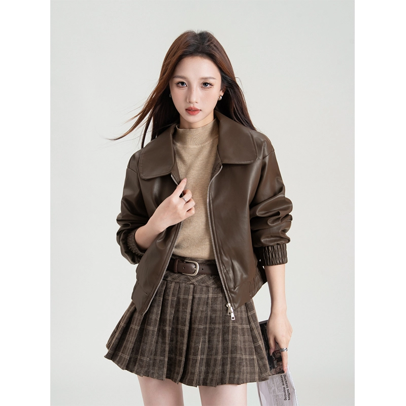 梨九九 外套女爆款设计感机车短款棒球服夹克皮衣 女款