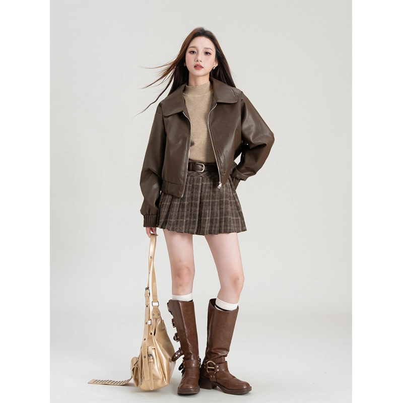 梨九九 外套女爆款设计感机车短款棒球服夹克皮衣 女款