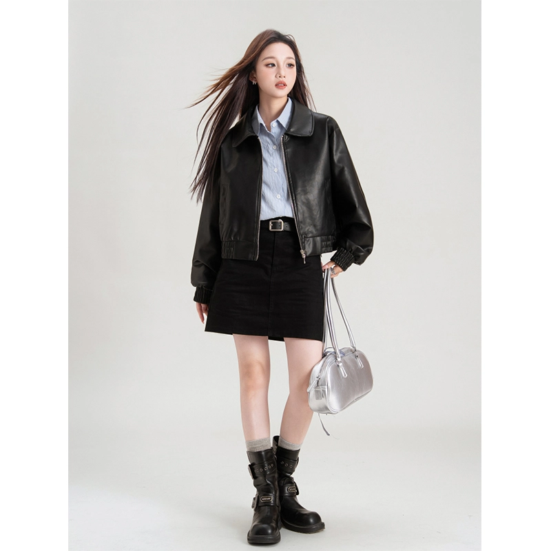 梨九九 外套女爆款设计感机车短款棒球服夹克皮衣 女款