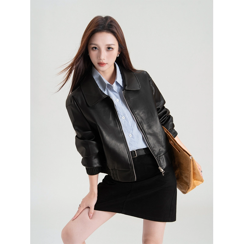 梨九九 外套女爆款设计感机车短款棒球服夹克皮衣 女款