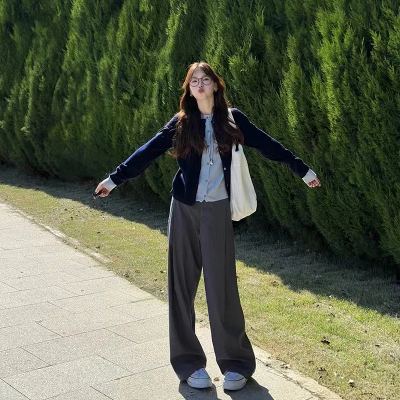 梨九九 假两件针织衫开衫上衣女韩系穿搭秋冬叠穿毛衣慵懒风长袖外套 休闲套装 女款