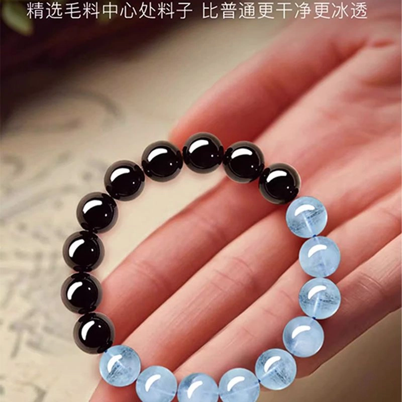 安道子 黑曜石 福运加成 复古设计时尚潮流自然能量 恋爱出游好运天然海蓝宝手串 女款