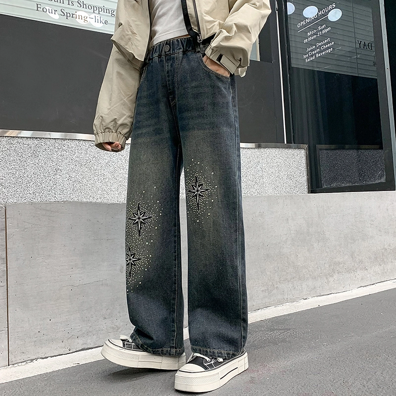 木木屋 时髦洋气时尚百搭星星松紧腰牛仔裤 青少年 蓝色