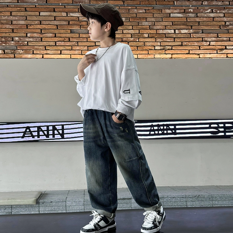 木木屋 松紧腰洋气简约舒适纯色休闲牛仔裤 青少年 蓝色