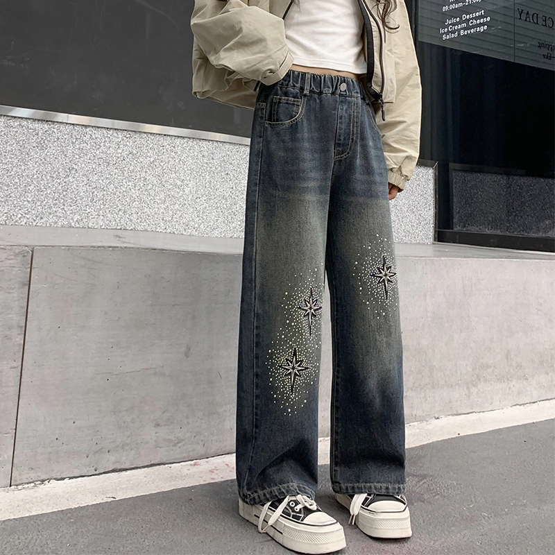 木木屋 时髦洋气时尚百搭星星松紧腰牛仔裤 青少年 蓝色