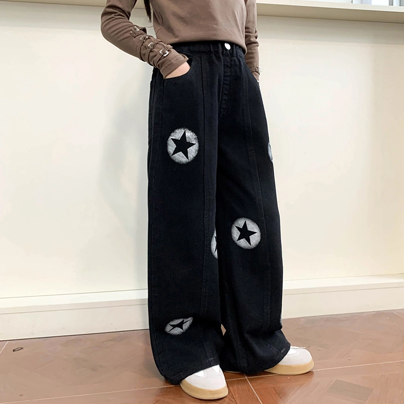 木木屋 星星图案松紧腰宽松百搭长裤 黑色青少年