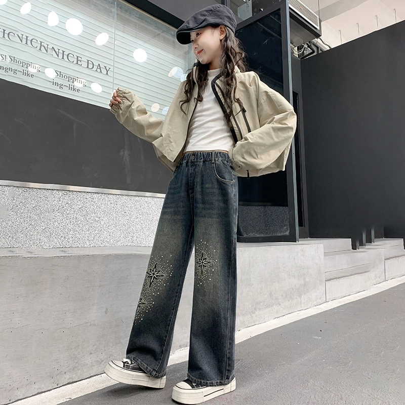 木木屋 时髦洋气时尚百搭星星松紧腰牛仔裤 青少年 蓝色