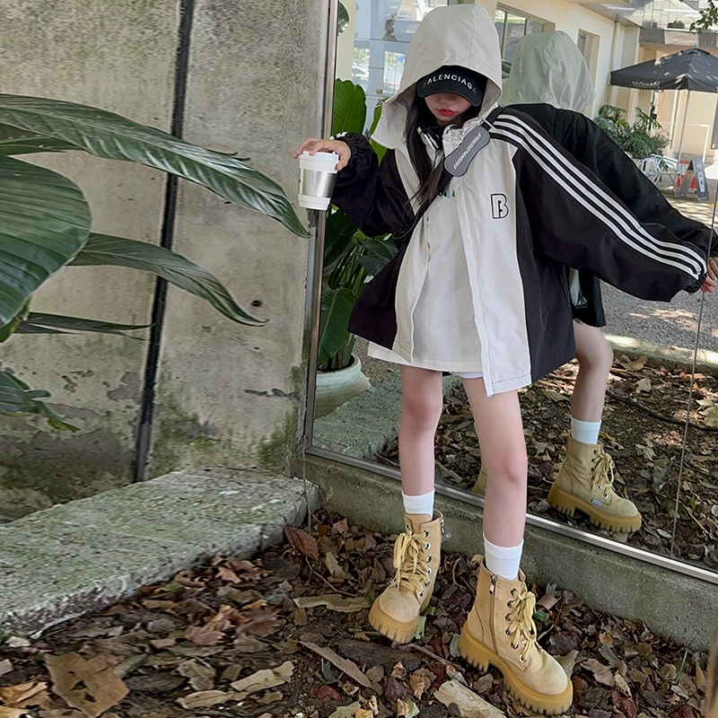木木屋 时尚洋气拼色连帽字母条纹印花长袖夹克外套青少年