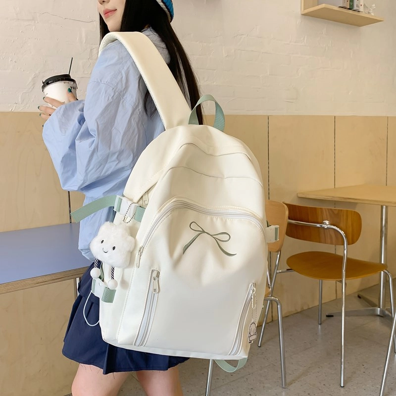 單倉 韩系可爱蝴蝶结设计初高中学生大容量书包简约通勤百搭背包 尼龙 双肩包 女款 米白色/黄色/粉色/蓝色/黑色
