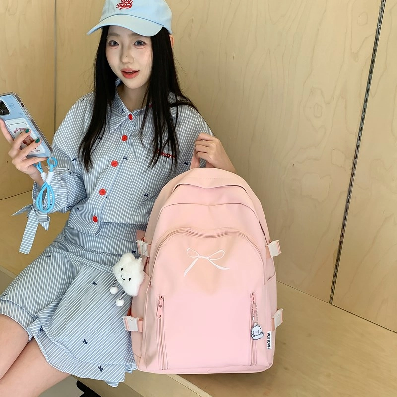 單倉 韩系可爱蝴蝶结设计初高中学生大容量书包简约通勤百搭背包 尼龙 双肩包 女款 米白色/黄色/粉色/蓝色/黑色