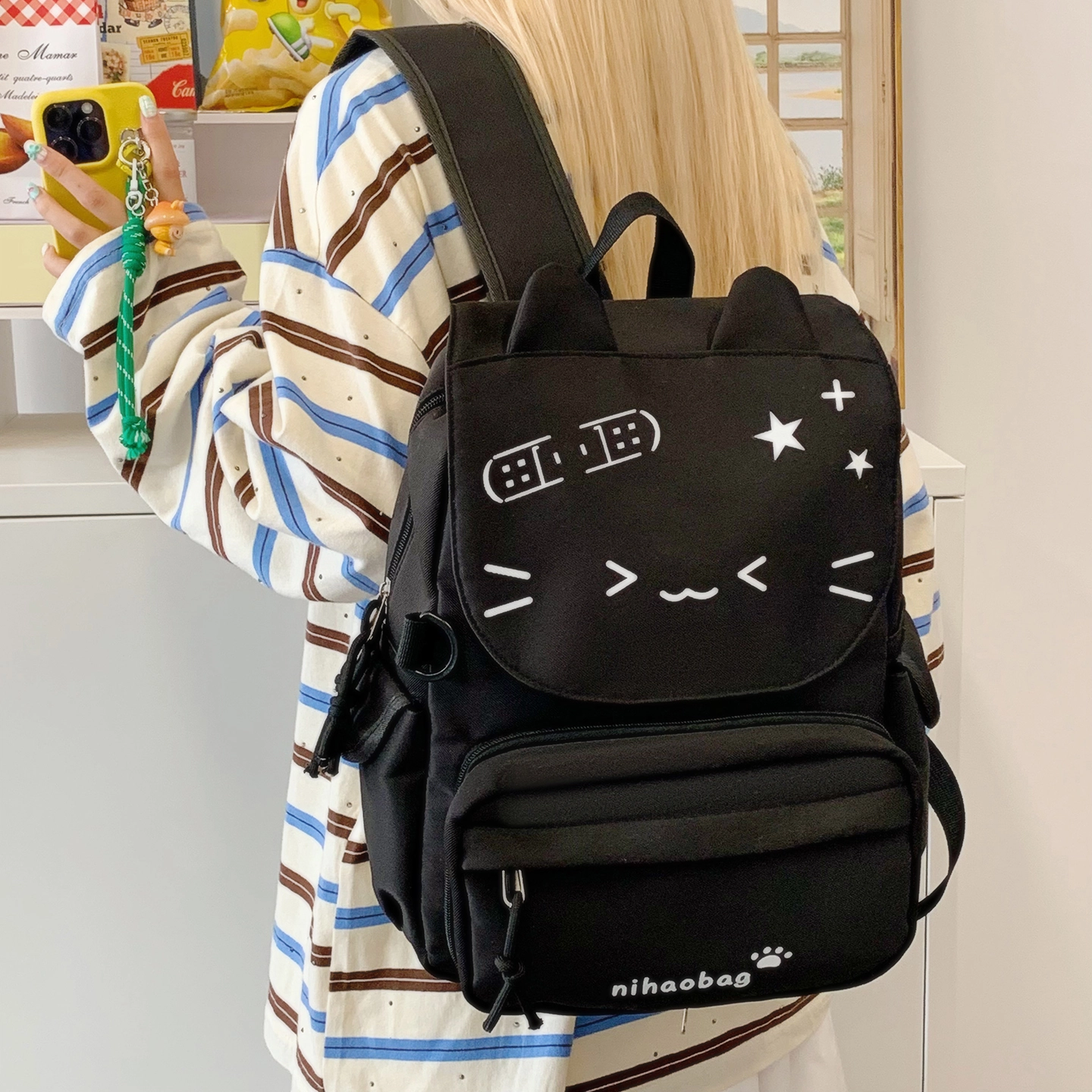 單倉 高颜值可爱猫咪日系可拆卸学院风轻便耐磨背包初高中学生大容量通勤百搭书包 尼龙布 双肩痛包 常规 女款 黄色/绿色/蓝色/黑色