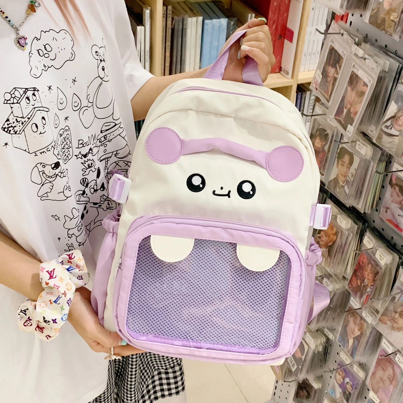 單倉 日系可爱卡通设计学院风轻便耐磨背包初高中学生大容量通勤百搭书包 尼龙布 双肩包 常规 女款 白色/粉色/蓝色/紫色/黑色