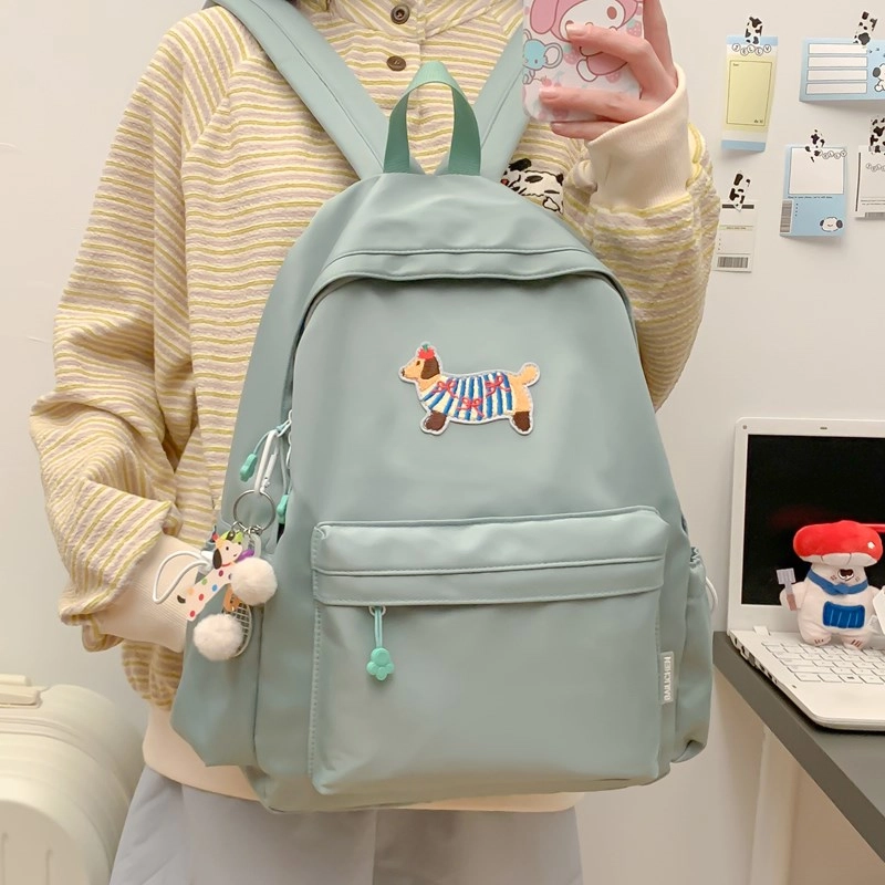 單倉 日系可爱腊肠狗书包初高中大学生简约百搭小清新卡通短途旅行 复合布 背包双肩包 男女同款情侣款 白色/蓝色/黑色/绿色