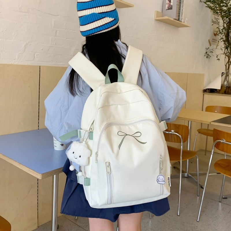 單倉 韩系可爱蝴蝶结设计初高中学生大容量书包简约通勤百搭背包 尼龙 双肩包 女款 米白色/黄色/粉色/蓝色/黑色