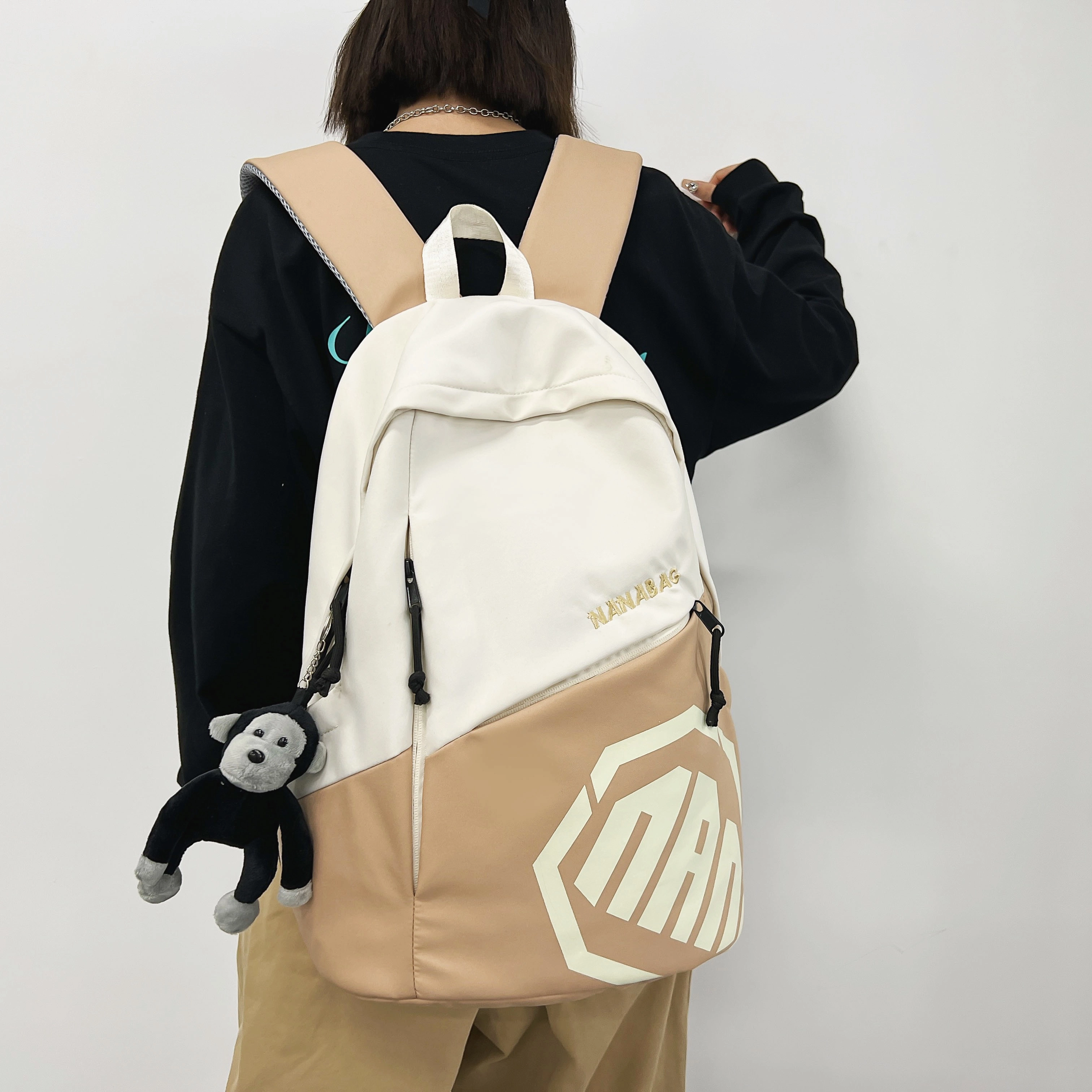單倉 潮酷休闲大容量美式字母初高中学生短途旅行通勤 尼龙 书包背包双肩包 男女同款情侣款 灰色/卡其色/蓝色/红色
