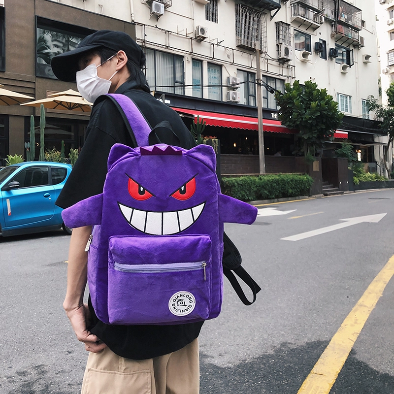 單倉 小众设计休闲百搭个性潮酷书包初高中学生大容量卡通搞怪吸睛 毛绒 电脑背包双肩包 常规 男女同款情侣款 黑色