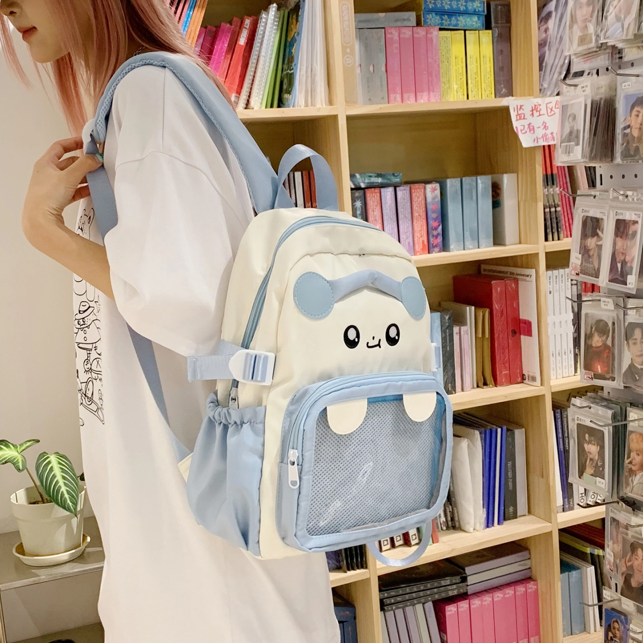 單倉 日系可爱卡通设计学院风轻便耐磨背包初高中学生大容量通勤百搭书包 尼龙布 双肩包 常规 女款 白色/粉色/蓝色/紫色/黑色