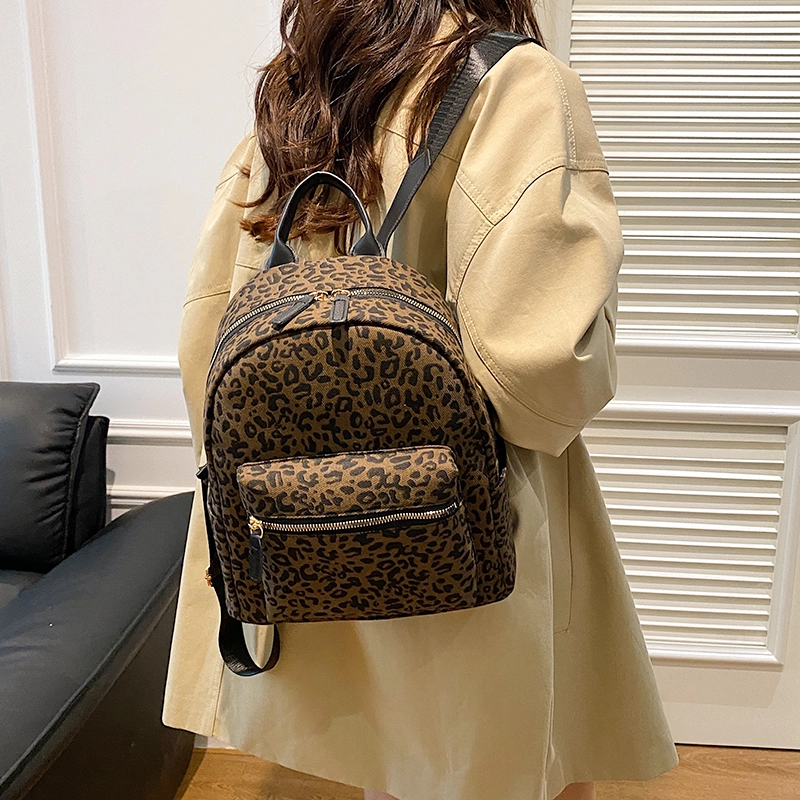 單倉 韩版时尚小众设计豹纹个性 针织布 双肩包 女款 棕色/咖色