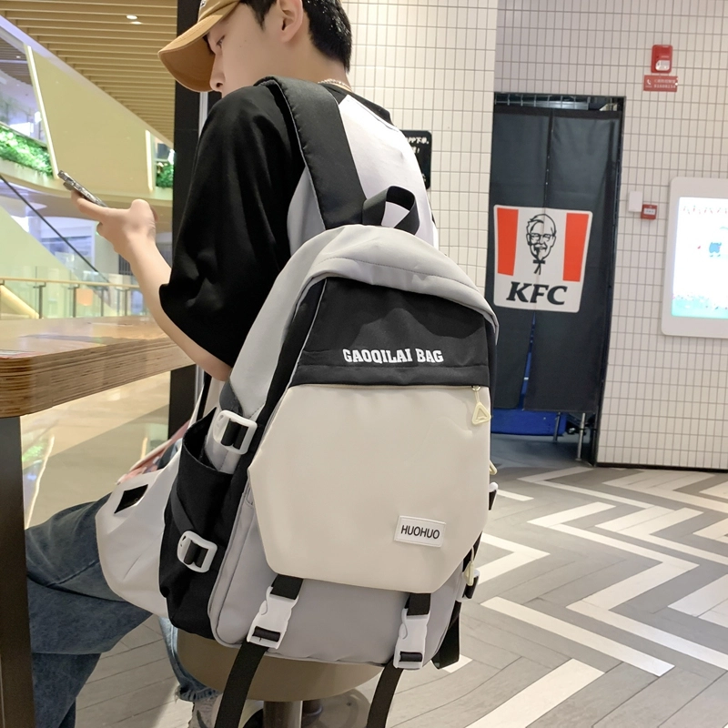 單倉 韩版休闲简约拼色初高中学生大容量通勤百搭背包 尼龙 双肩包 男女同款情侣款 多色