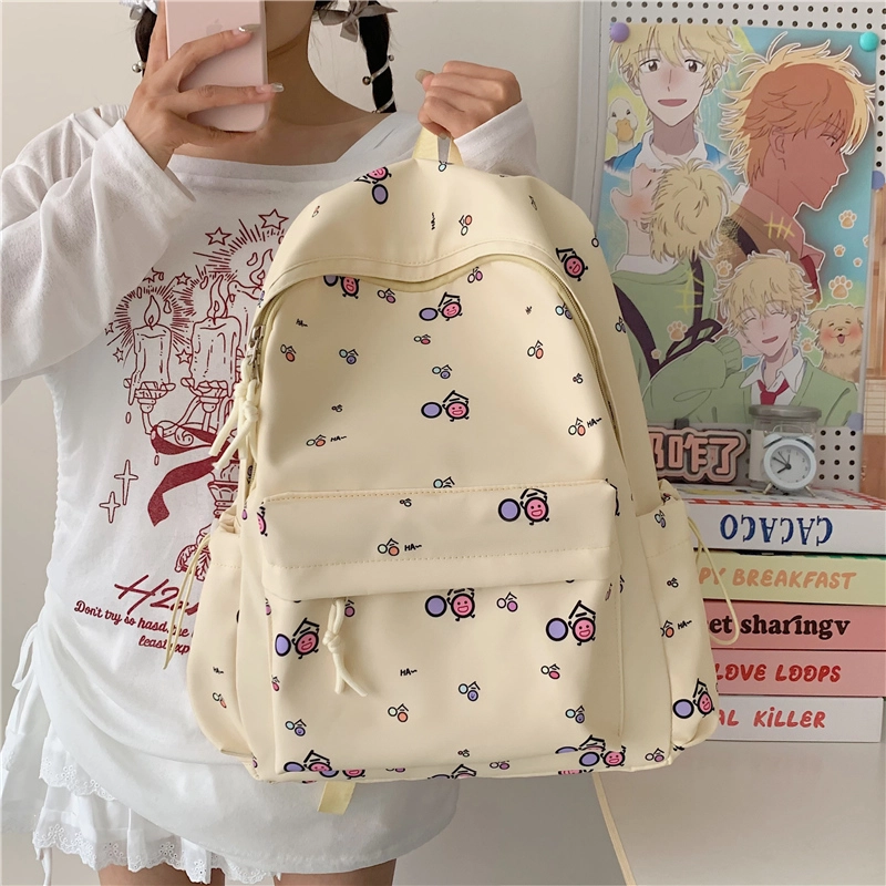 單倉 清新可爱卡通碎花设计感轻便耐磨背包初高中学生大容量通勤百搭书包 牛津布 双肩包 常规 男女同款情侣款 白色/黄色/蓝色/粉色