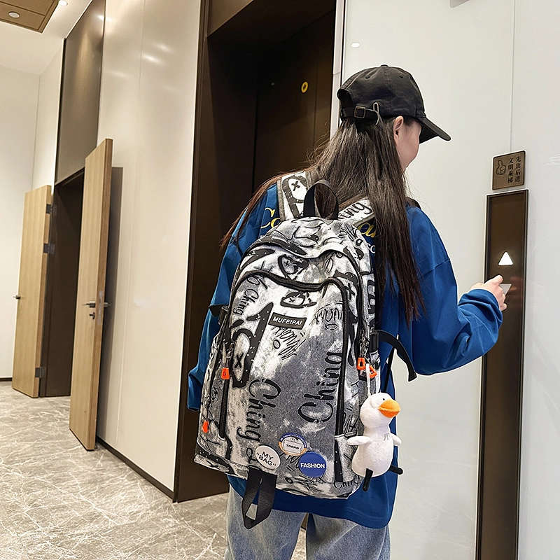 單倉 时尚个性街头涂鸦双肩包初高中学生百搭潮酷大容量旅行 尼龙 书包背包 常规 男女同款情侣款 蓝色/白色/黑色