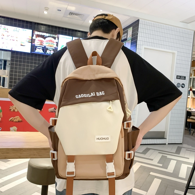 單倉 韩版休闲简约拼色初高中学生大容量通勤百搭背包 尼龙 双肩包 男女同款情侣款 多色