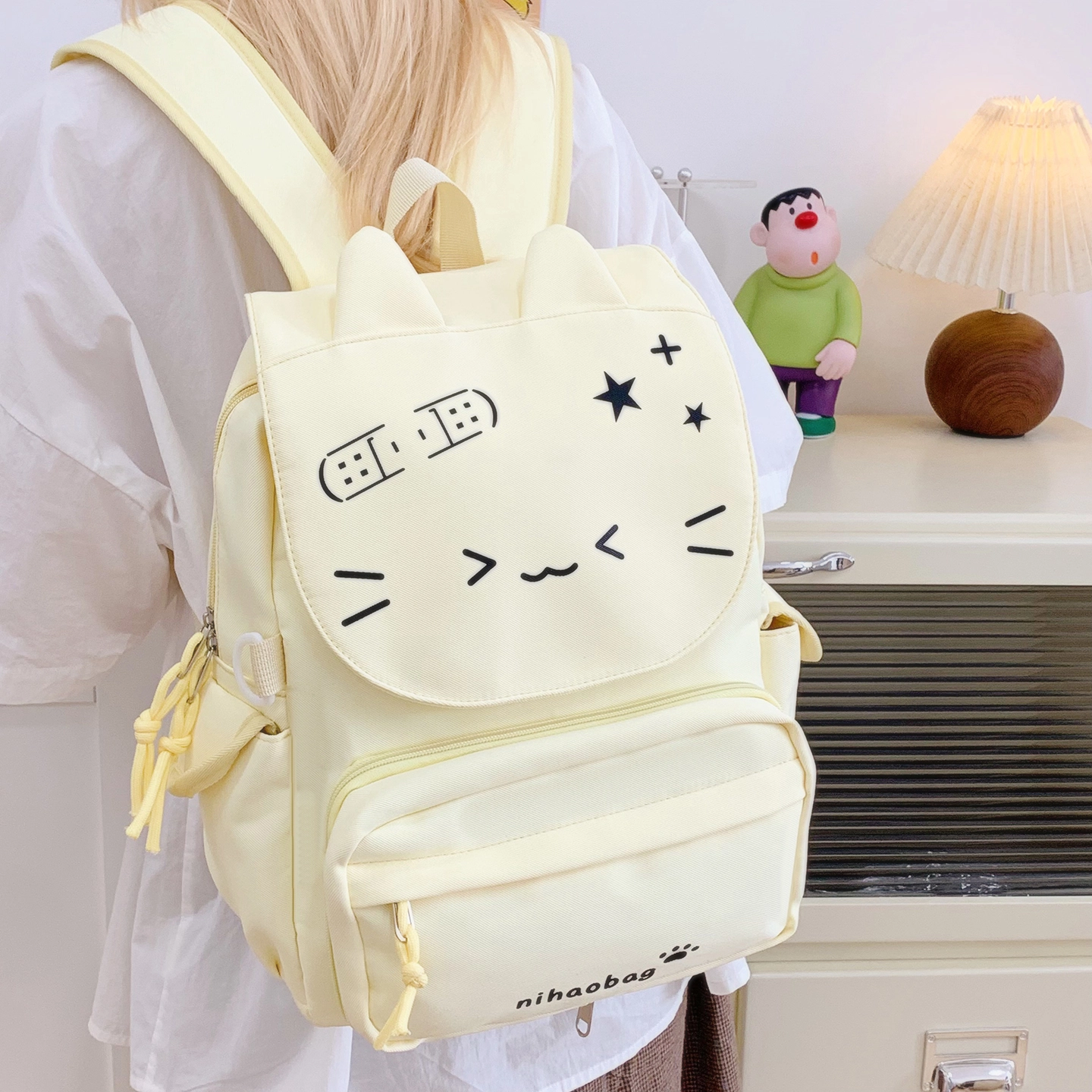 單倉 高颜值可爱猫咪日系可拆卸学院风轻便耐磨背包初高中学生大容量通勤百搭书包 尼龙布 双肩痛包 常规 女款 黄色/绿色/蓝色/黑色